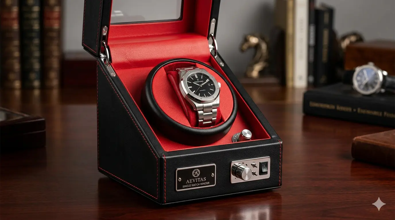 Top 7 Best Luxury Single Watch Winders for Rolex 2026 USA Buyer’s Guide 6 Aevitas single watch winder in black leather and red lining, showing the rotating mechanism and control panel for luxury timepiece maintenance