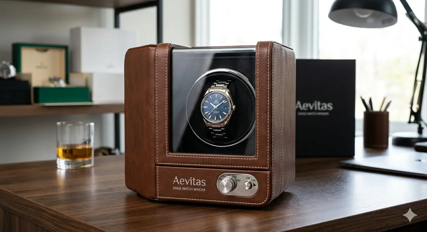 Top 7 Best Luxury Single Watch Winders for Rolex 2026 USA Buyer’s Guide 8 A luxury Aevitas single watch winder featuring a premium brown leather finish with white stitching, a clear glass display window showing an automatic watch, and chrome control knobs on a wooden desk