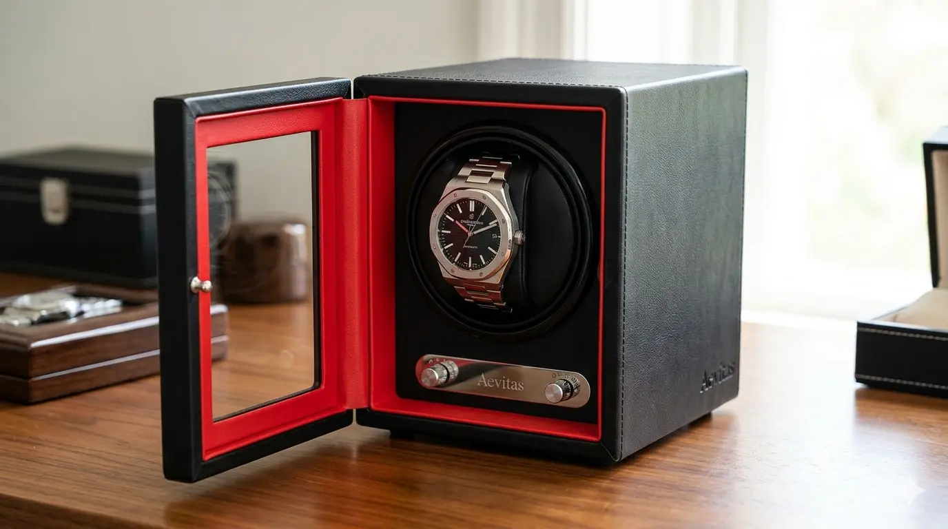 Top 7 Best Luxury Single Watch Winders for Rolex 2026 USA Buyer’s Guide 7 A premium Aevitas single watch winder featuring a sleek black exterior and a vibrant red interior lining, holding a luxury automatic watch on a wooden surface
