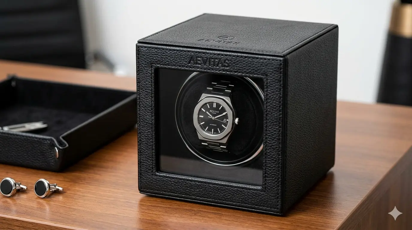 Top 7 Best Luxury Single Watch Winders for Rolex 2026 USA Buyer’s Guide 5 Aevitas single automatic watch winder in premium black pebble-grain leather with a luxury watch displayed behind a glass viewing window on a wooden desk