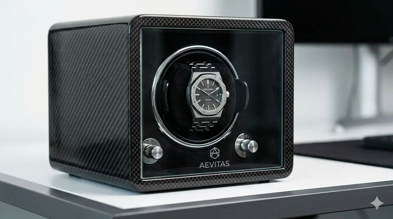 Top 7 Best Luxury Single Watch Winders for Rolex 2026 USA Buyer’s Guide 4 A premium Aevitas single watch winder featuring a high-gloss carbon fibre finish, a clear glass display door, and a luxury automatic watch secured on a black velvet cushion.
