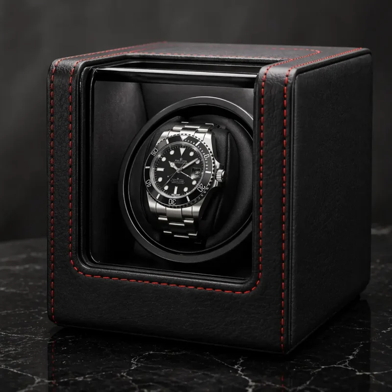Single Watch Winder Black Leather Red Stitching